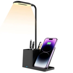 Eye-Protecting LED Desk Lamp with 3-in-1 Wireless Charging Multi-Functional Adjustable Three-Color Lighting and a Pen Ho