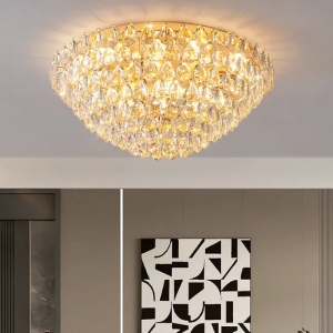 Golden Luxury LED Ceiling Lamps Multi-Story Living Room Hotel Crystal Modern Creative Round Shape with Metal Base