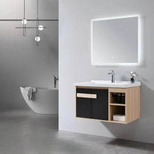 Modern Laminated Light Wood and Black Floating Bathroom Vanity with Mirror