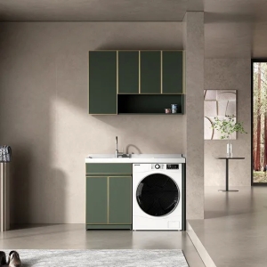 Compact Laundry Cabinet Tower with Vertical Washing Machine Slot and Detergent Storage for Tight Spaces