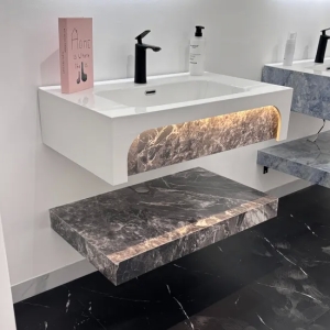 A级可定制双色烧结石材壁挂浴室梳妆台与陶瓷水槽