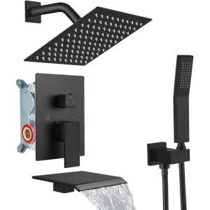 Rain Shower System Matte Black Tub Shower Faucet Set 8 Inch Square Rainfall Shower Head with Handheld Sprayer and Waterf