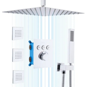 Ceiling Shower System -16 Inch Square Rain Shower Head with High Pressure Handheld and 3PCS Large Brass Full Body Spray 