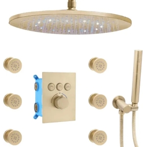 Shower System 12 Inch Ceiling LED Round Rain Shower Head with Handheld and Full Body Spray Jets, Thermostatic Control Va
