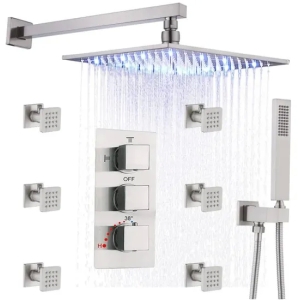 12英寸LED降雨淋浴喷头，带高压手淋浴淋浴组合套装，拉丝镍