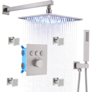 Wall Mount Shower System Brushed Nickel Thermostatic 12 Inch LED Rain Shower Head System with Body Jets, Can Use All Opt