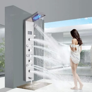 Contemporary Shower Panel Tower System Stainless Steel 6-Function Faucet LED Rainfall Waterfall Shower Head + Handheld S