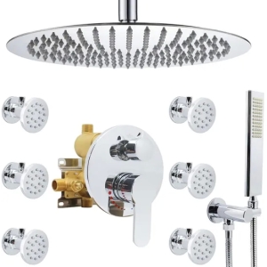 Rain Shower System 16 Inch Ceiling Mount Shower Head System with Body Sprays and Handheld, Full Brass Pressure Balance M