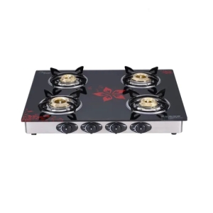 Cooking Appliance 4 Brass Burner Glass Mirror Finish Black Gas Stove