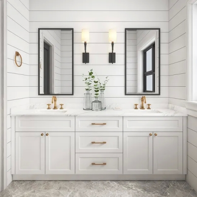 PA muebles de baño de lujo de doble lavabo vanidad fregadero de almacenamiento de PVC gabinete de baño