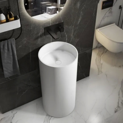 Lavabo de baño independiente de piedra artificial OEM fábrica baño pedestal superficie sólida champú fregadero