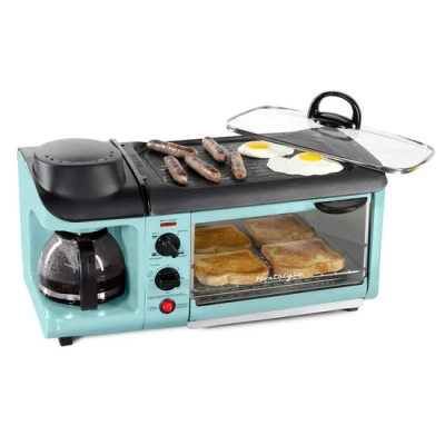 Versátil 3-em-1 café da manhã Estação Cafeteira Non-Stick Griddle Torradeira Forno