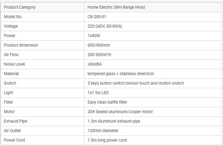 Modern High Quality Kitchen Slim Kitchen Range Hood Extractor