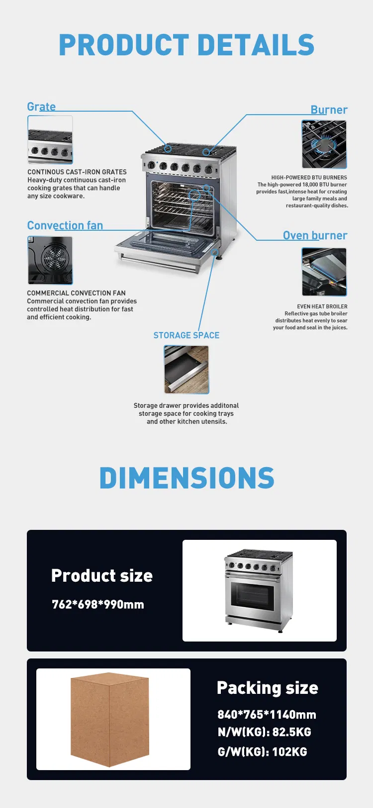 Freestanding Convections Fan 5 Burner Gas Stove