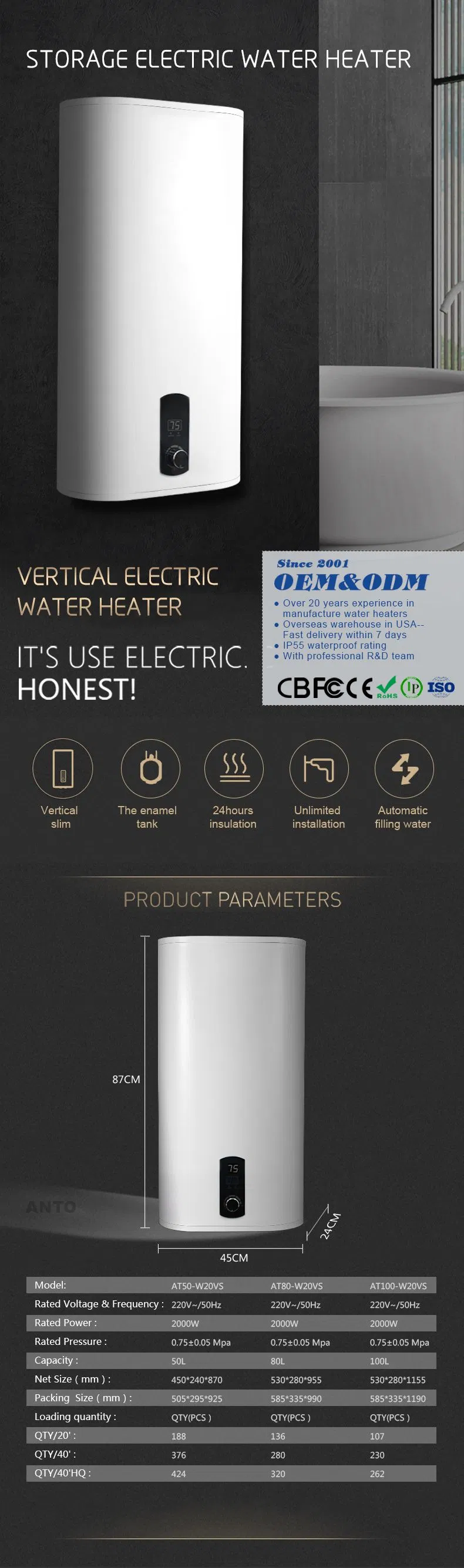 China Wall Mounted 30L 50L 80L 100L Safety Rectangular Electirc Storage Boiler Water Heater