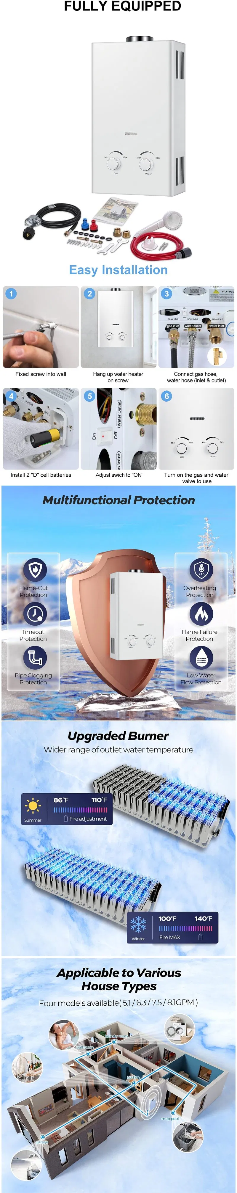 6L to 8L 10L 12L 14L 16L 20L 24L Natural Boiler Instant Gaz Propane Tankless LPG Geyser Gas Water Heaters