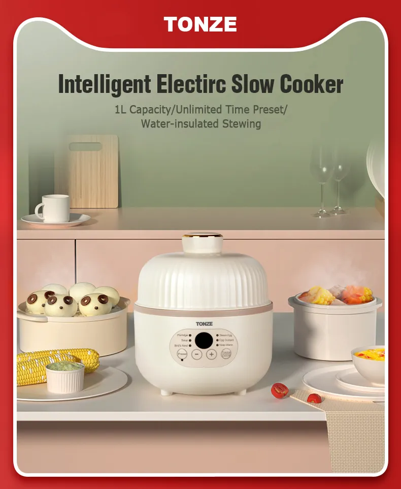Double Boiler Slow Cooker with Egg Steamer Ceramic Liner Electric Crock Pot