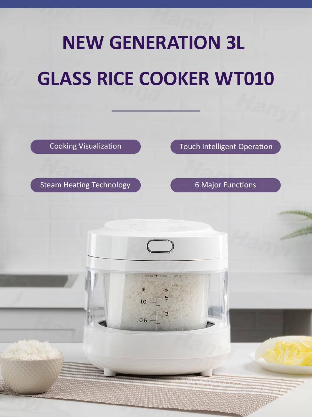 3L 600W Healthy Easy to Use Slow Cooker Steam Glass Rice Cooker