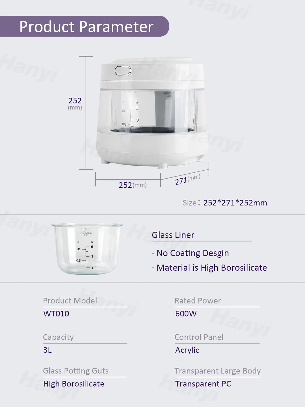 3L 600W Healthy Easy to Use Slow Cooker Steam Glass Rice Cooker