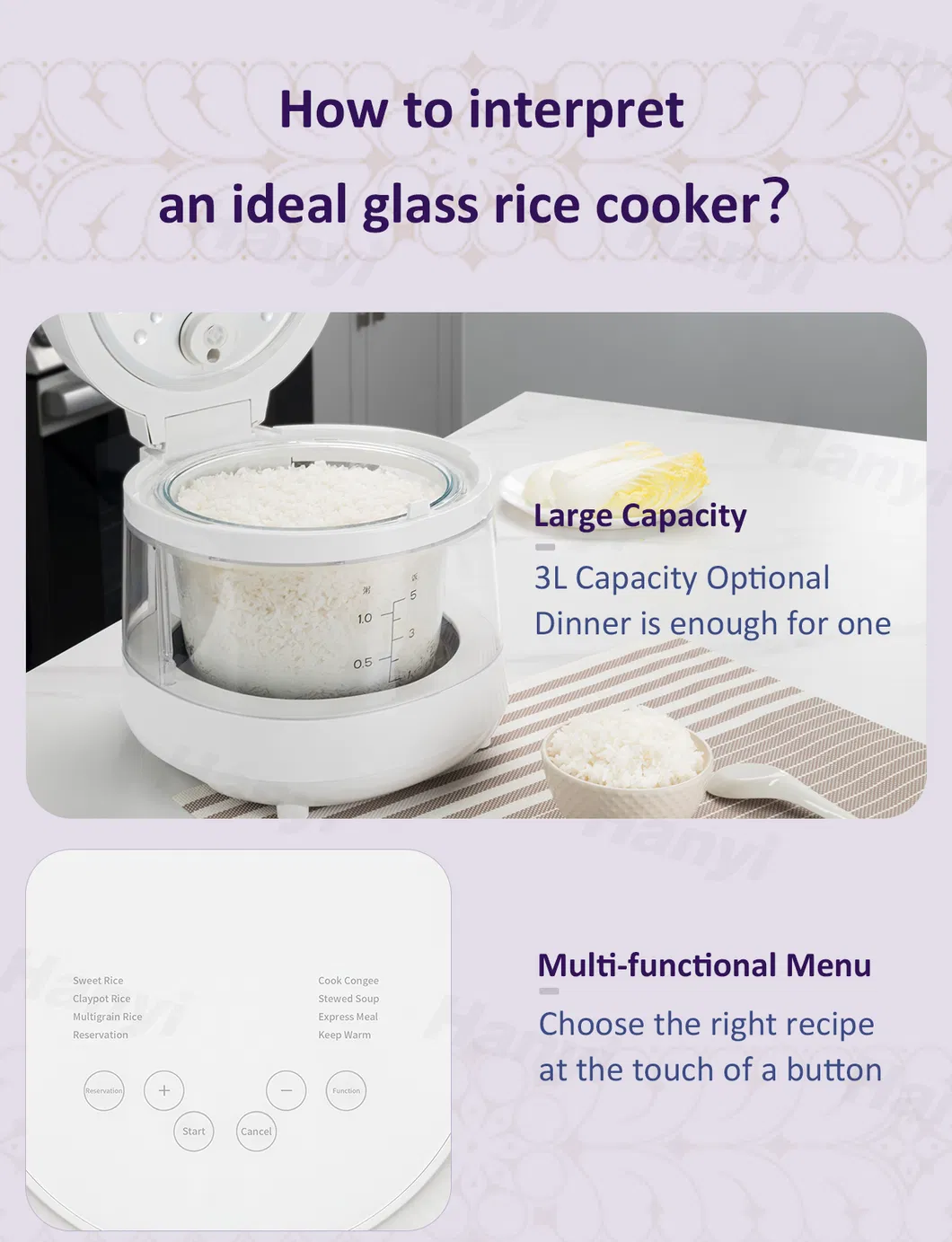 3L 600W Healthy Easy to Use Slow Cooker Steam Glass Rice Cooker