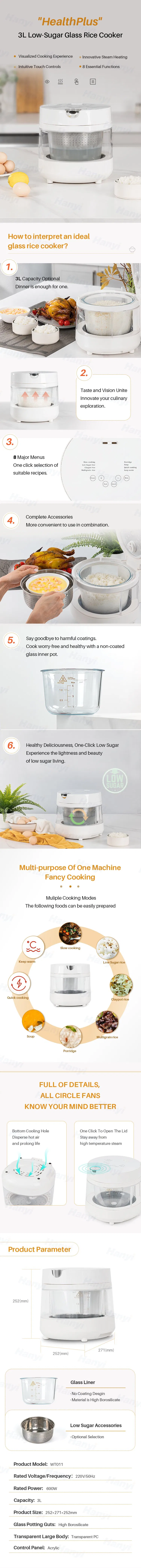 3L Slow Cooker Claypot Rice No Coating Electric Rice Cooker Glass