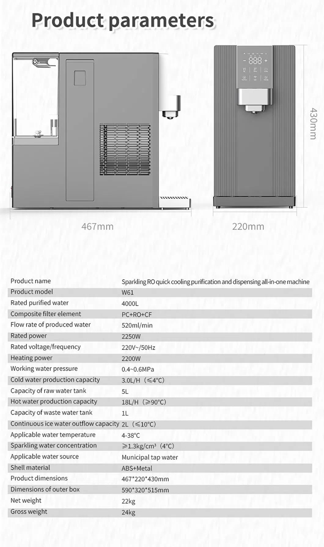 Home Soda Sparkling Water Dispenser Tap RO Water Filtration Hot Cold Water Purifier Machine for Drinking