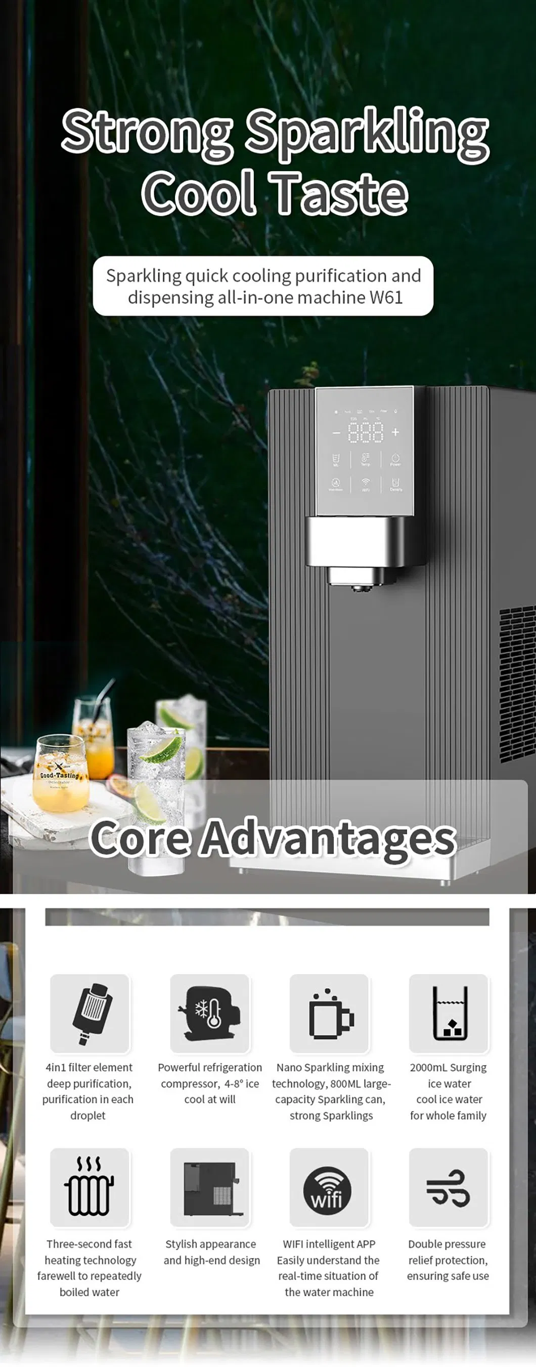 Home Soda Sparkling Water Dispenser Tap RO Water Filtration Hot Cold Water Purifier Machine for Drinking