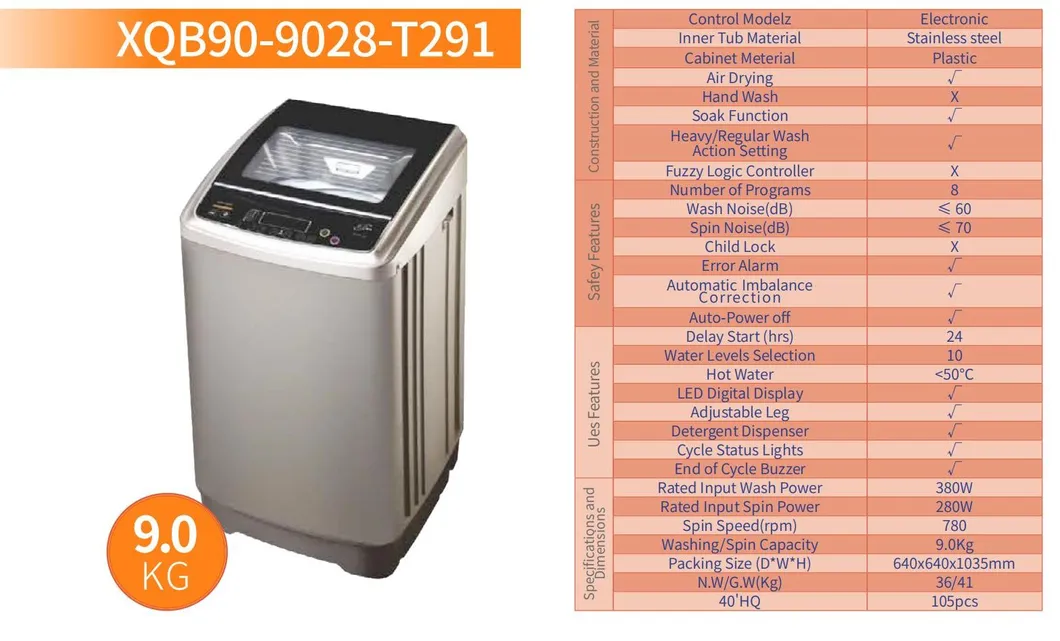 Xqb90-9028-T291 Household LED Display Black Cover Front Loading Laundry Washing Machine