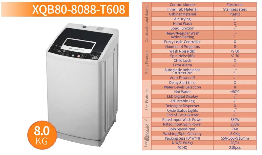 Xqb80-8088-T608 Washing Machine Small Top Loading with Fully Automatic Function