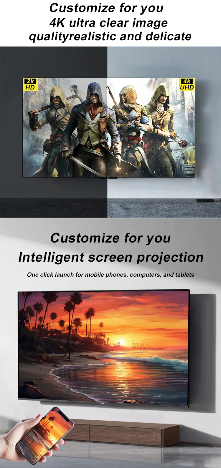 2025 4K Smart TV 32 43 55 65 75 85 100 Inch Large Screen WiFi Android with Tempered Glass