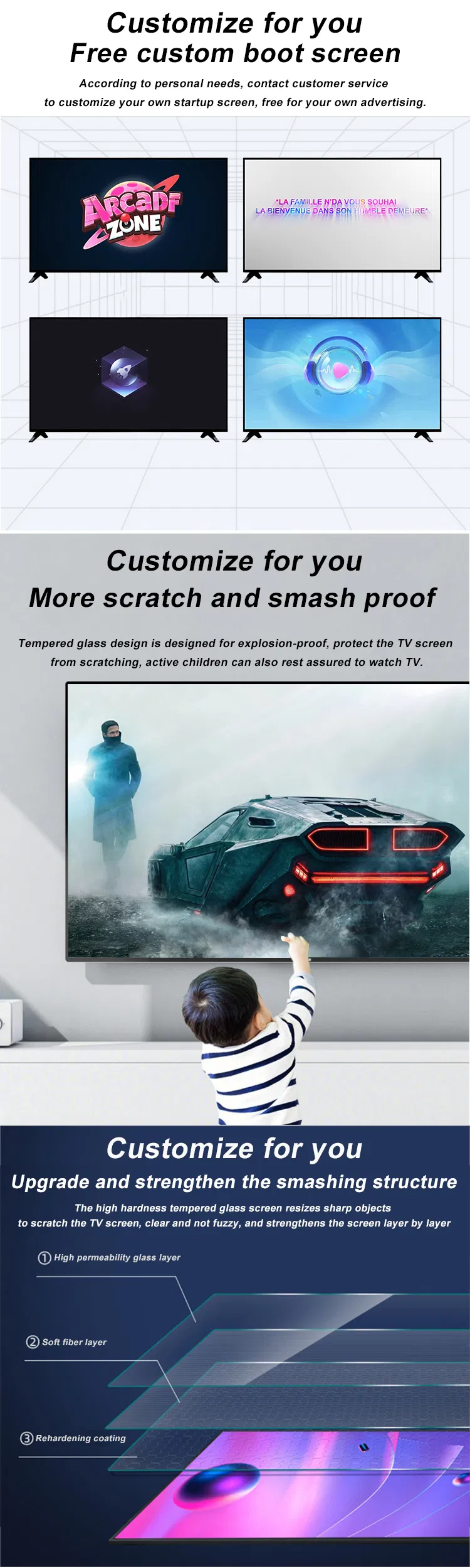 2025 4K Smart TV 32 43 55 65 75 85 100 Inch Large Screen WiFi Android with Tempered Glass