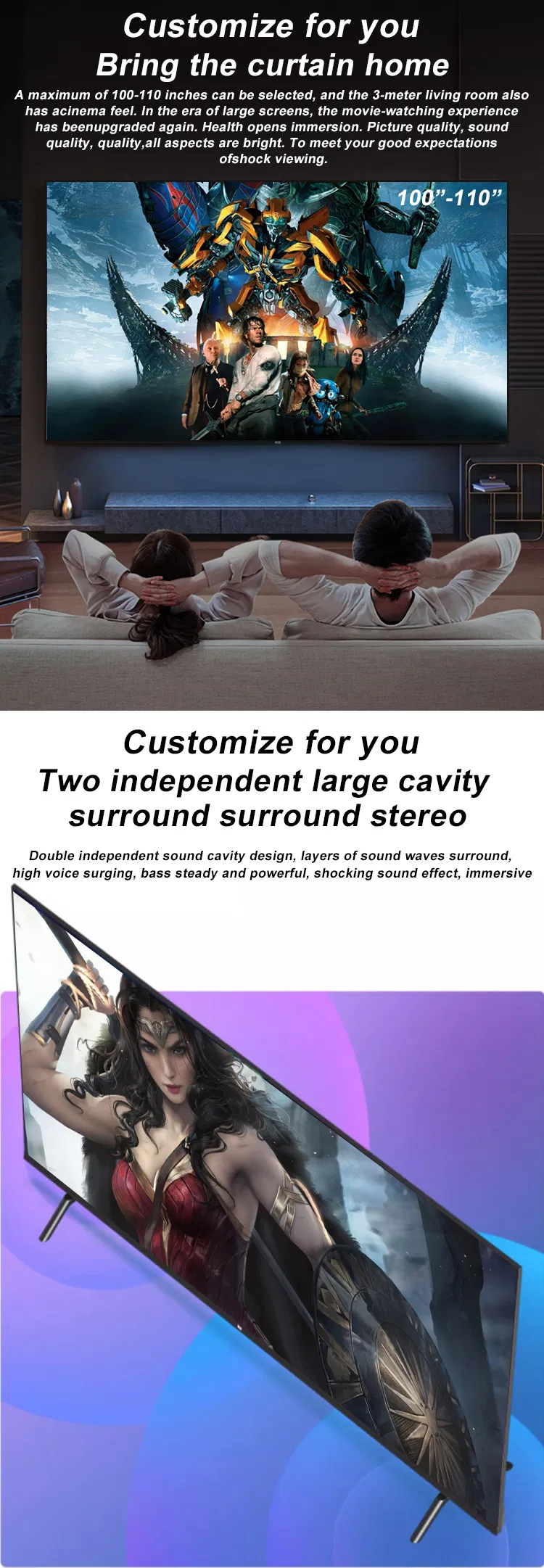 2025 4K Smart TV 32 43 55 65 75 85 100 Inch Large Screen WiFi Android with Tempered Glass