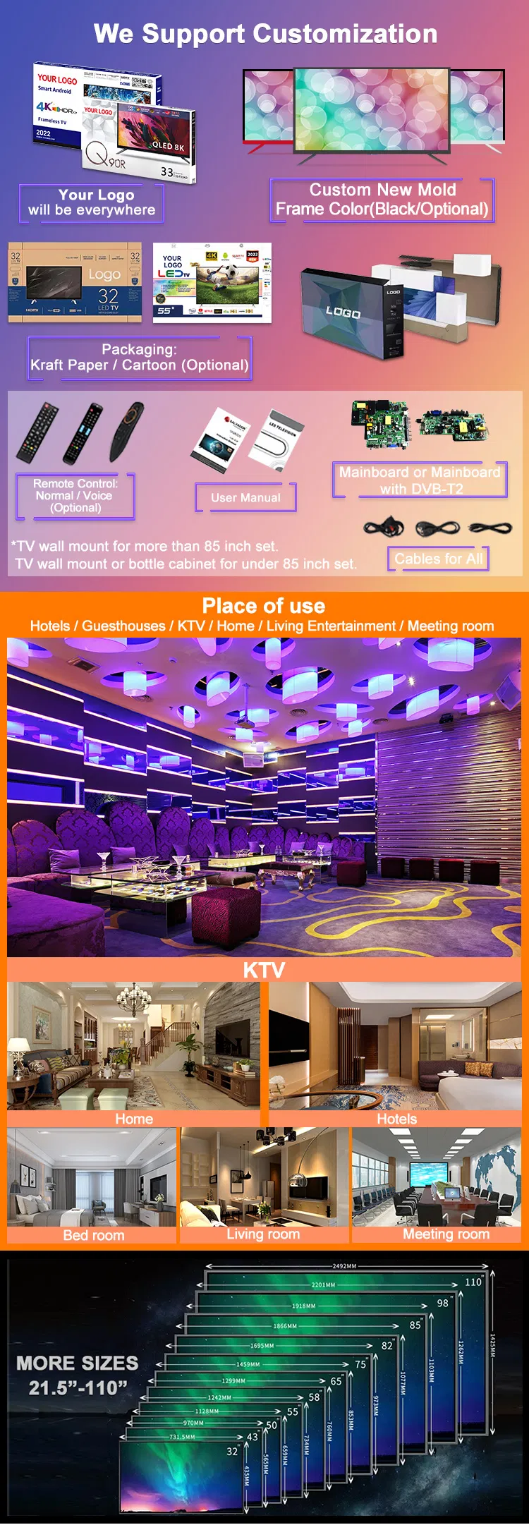 32 43 55 65 75 85 98 100 Inch 2K4K FHD OLED Television Android/Google/Webos System LCD LED 3D Smart TV From Chinese