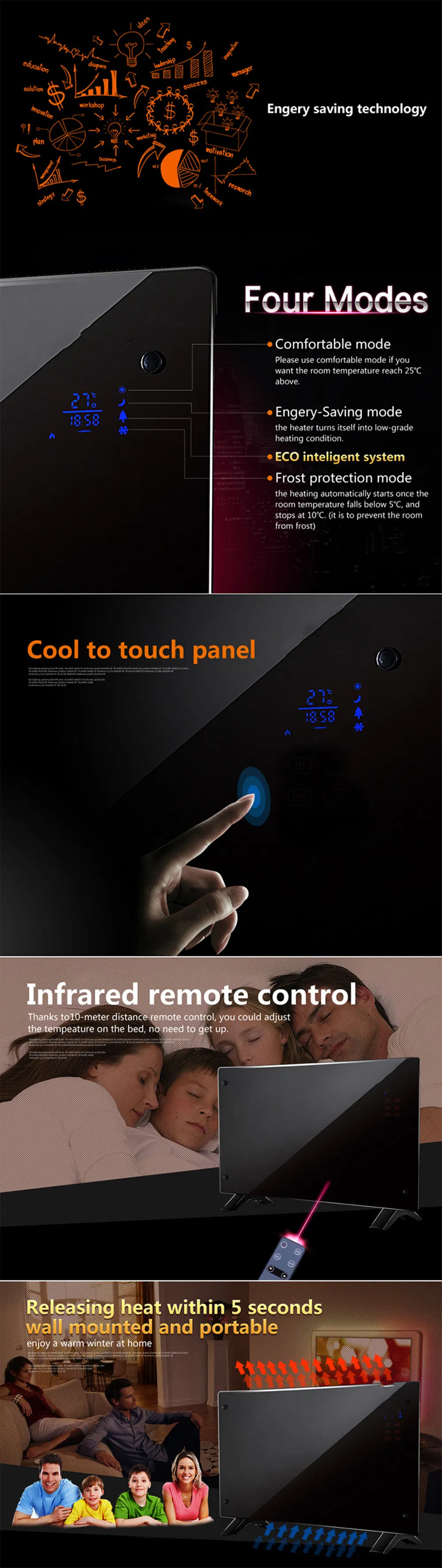 Electric Infrared Wall Panel Convector Heater Mirror Infrared Panel Heater