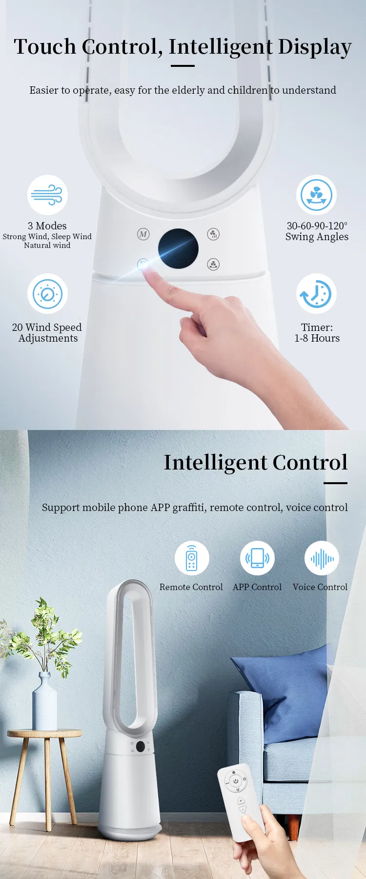 OEM ODM Bladeless Air Purifier Fan 41 Inch Air Circulation Invisible Fan Blade Tower Fan for Household