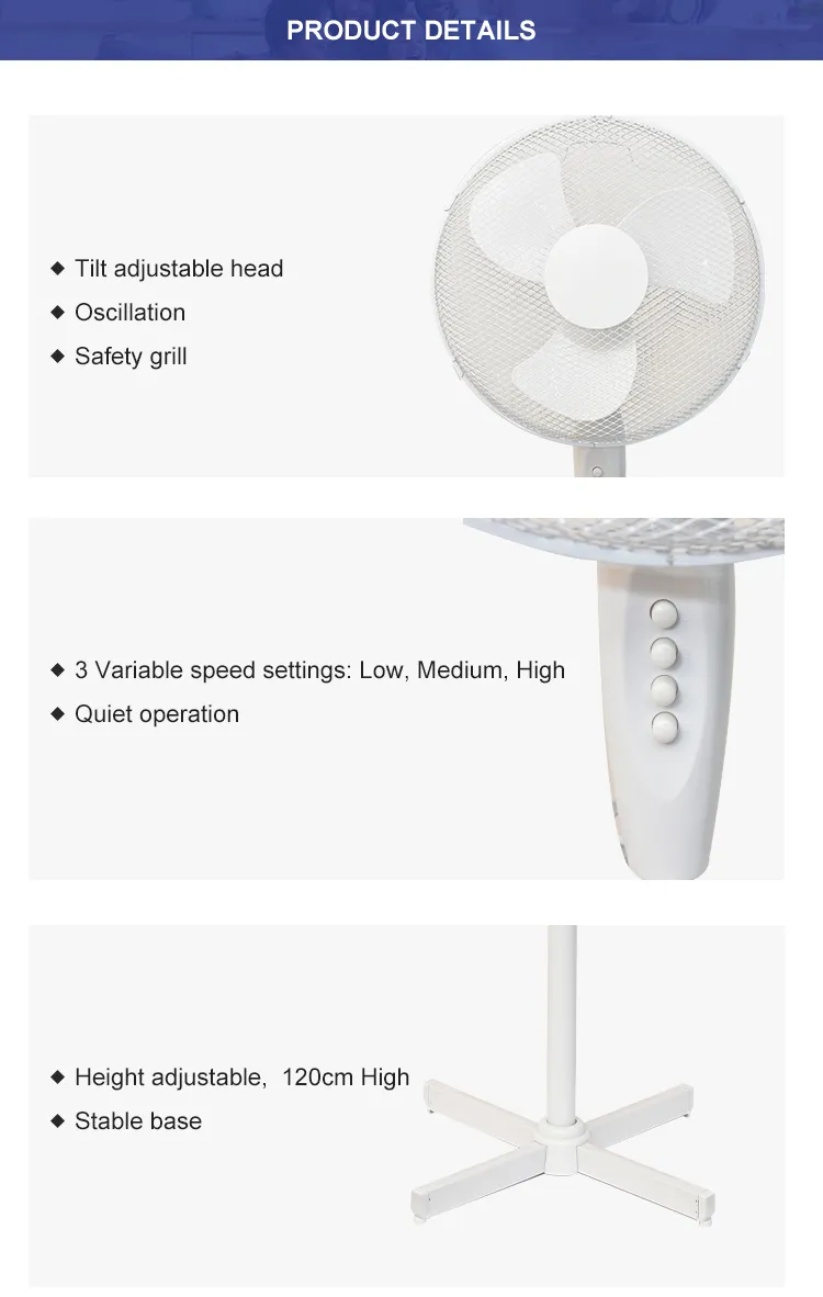 Home Silent Classic 45W 16" Electric Pedestal Fan Indoor High Speed 16 Inch Stand Fan