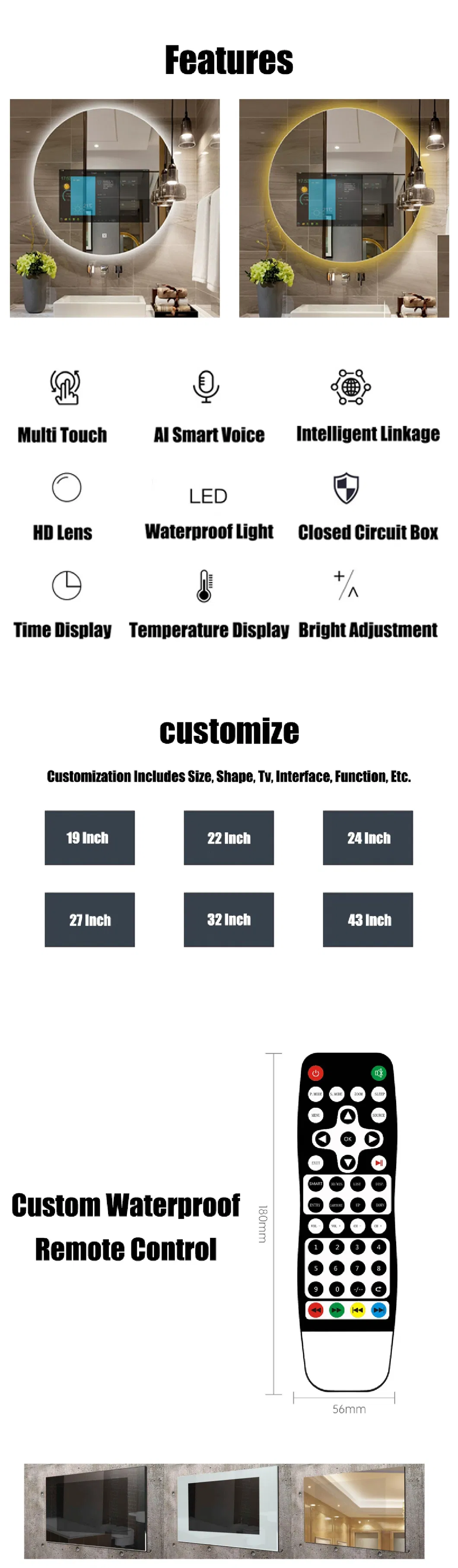 50 70 75 Inch 4K High Definition Android LCD OLED Smart Flat Screen Tvs Video Display Smart LED Waterproof TV for Bathroom