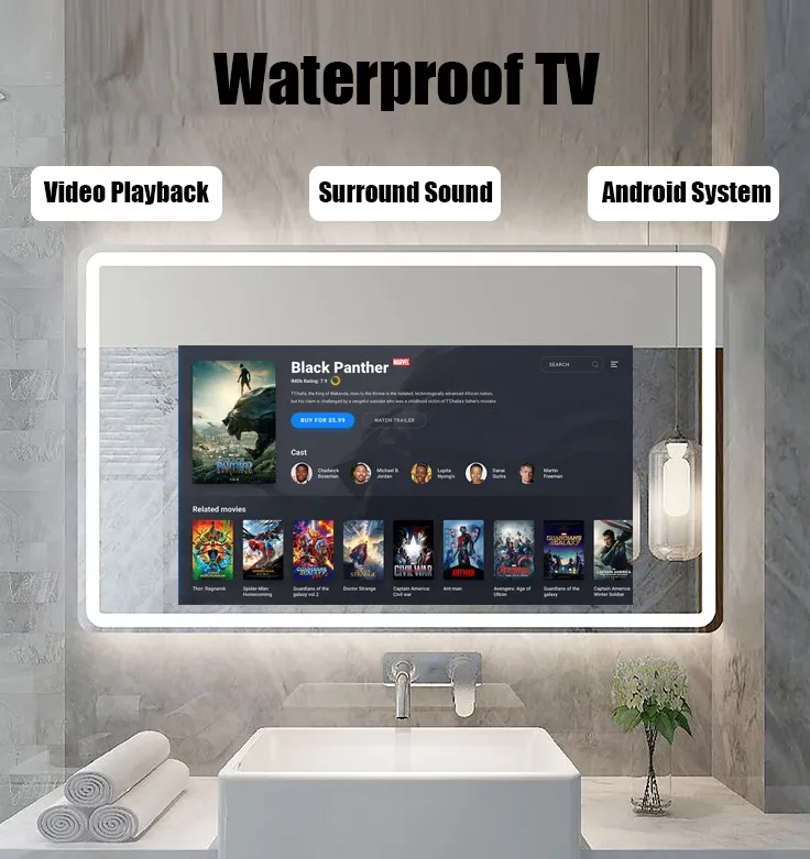 50 70 75 Inch 4K High Definition Android LCD OLED Smart Flat Screen Tvs Video Display Smart LED Waterproof TV for Bathroom