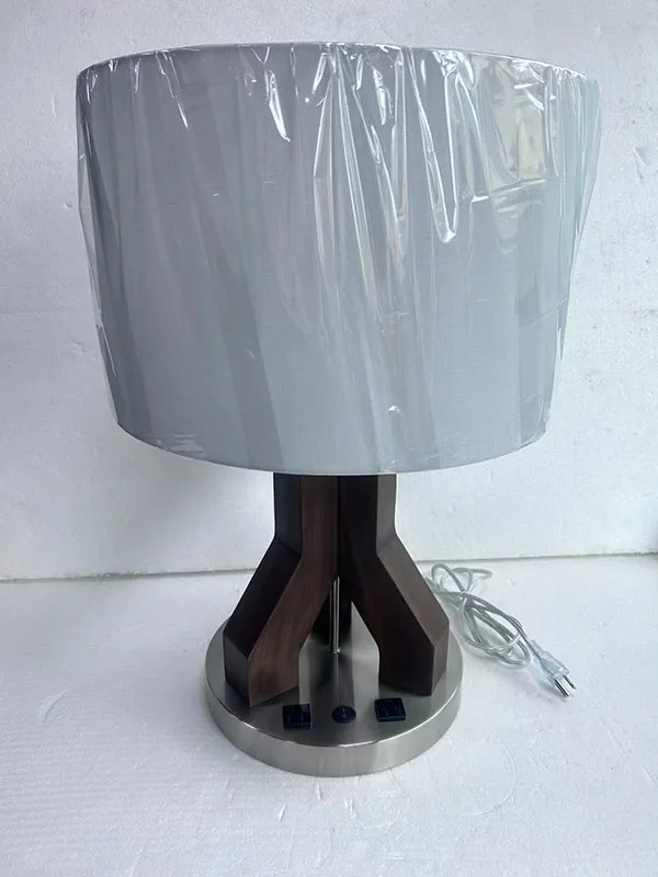 Modern Wood Textured Table Lamp Tan Fabric Shade Hotel Wooden Table Lamp Hilton Light