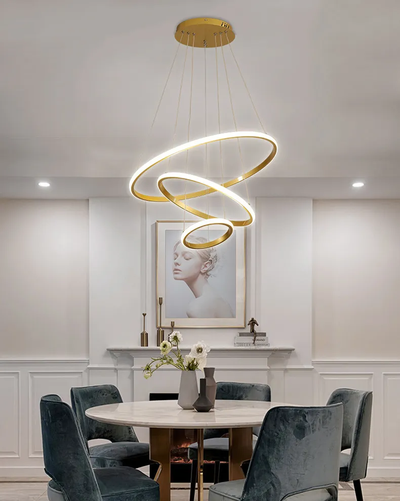 Modern Decorative Golden Three Circles Pendant Lamp Living Room Luxury Acrylic Suspension LED Pendant Light for Home