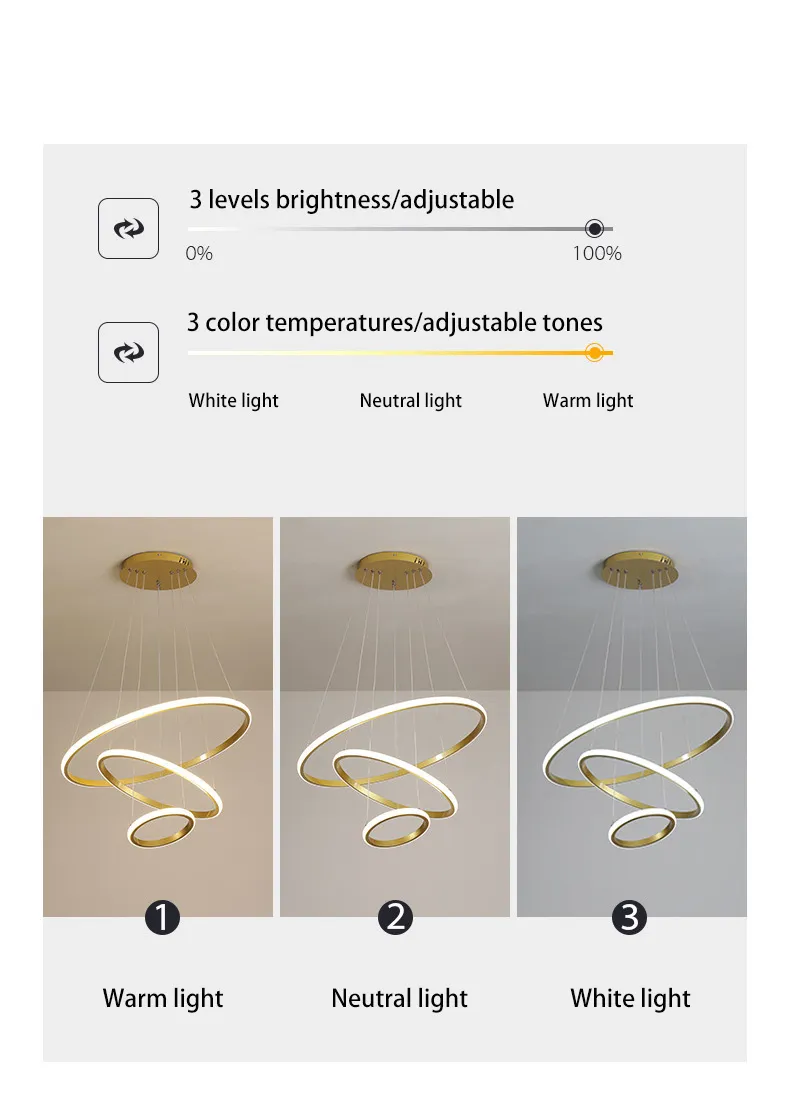 Modern Decorative Golden Three Circles Pendant Lamp Living Room Luxury Acrylic Suspension LED Pendant Light for Home