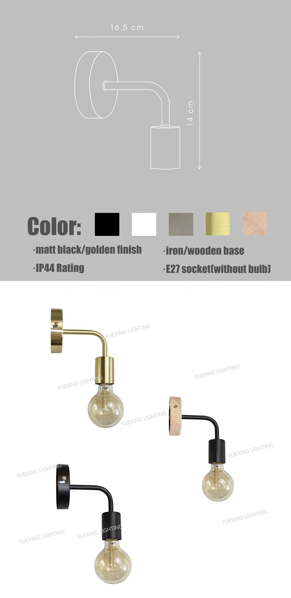Modern Decoration Iron Acrylic Golden IP20 IP44 E27 Max40W Golden Black White Color Indoor Wall Bathroom LED Wall Bedside Lamp
