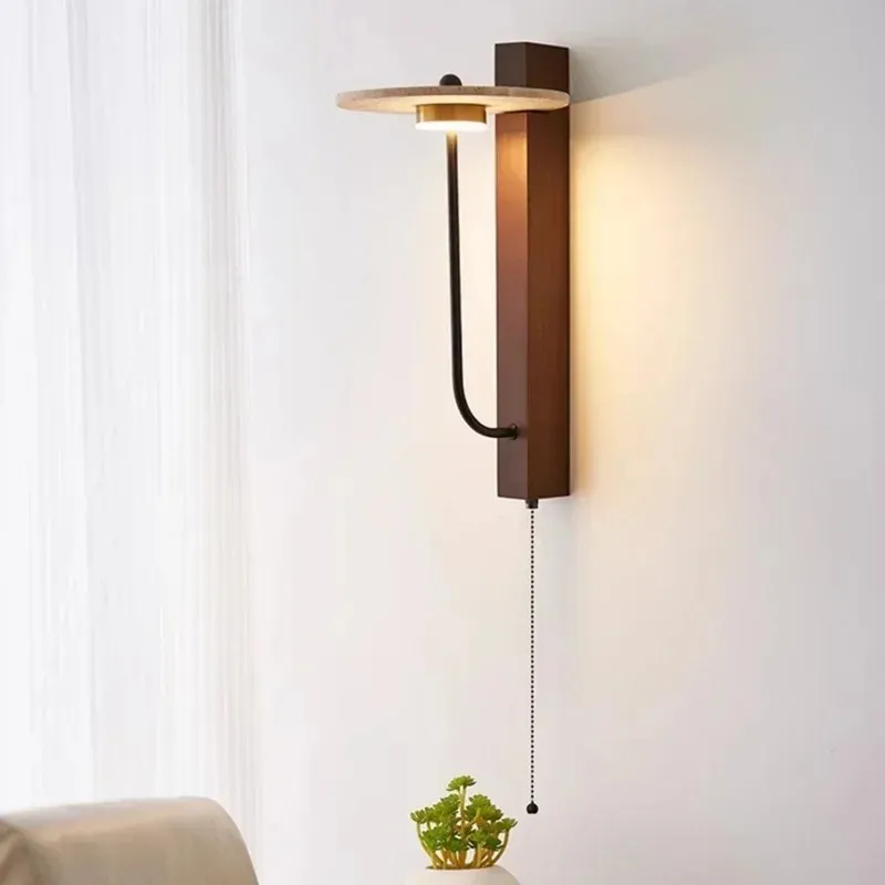 Wabi-Sabi Retro Bedside Lamp French Yellow Travertine Switching Wooden Stone Wall Lamp (WH-VR-157)