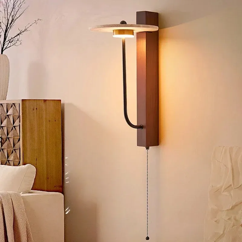 Wabi-Sabi Retro Bedside Lamp French Yellow Travertine Switching Wooden Stone Wall Lamp (WH-VR-157)