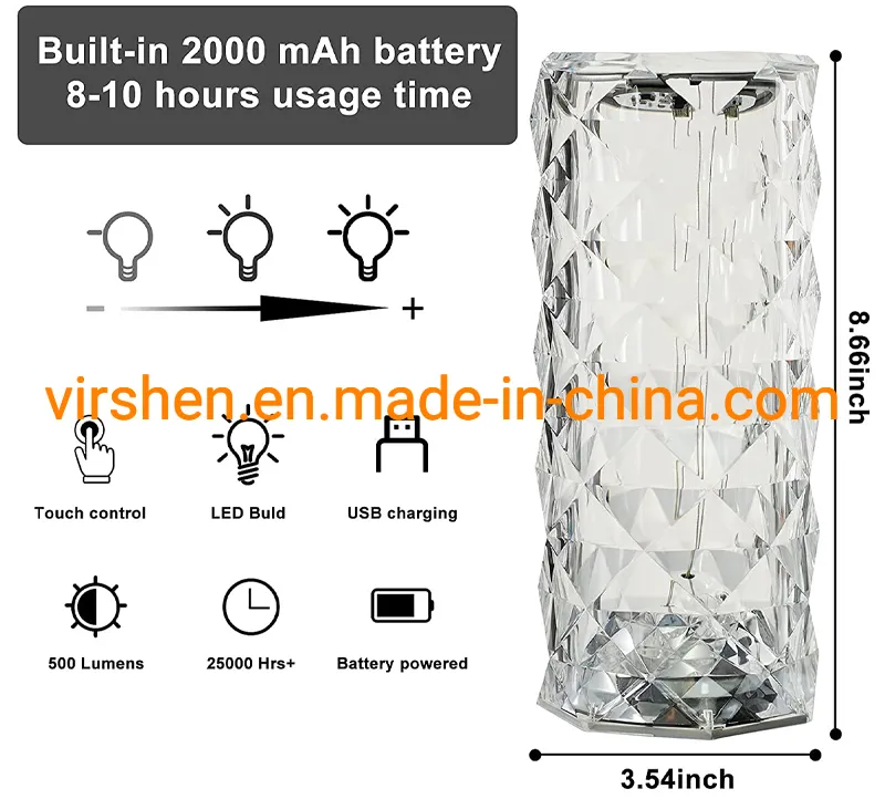 Indoor Decorative Room Restaurant Touch Portable Acrylic Crystal Bedside Rechargeable LED Table Lamp Modern Table Lamps Crystal Bedside Lamps for Bedroom