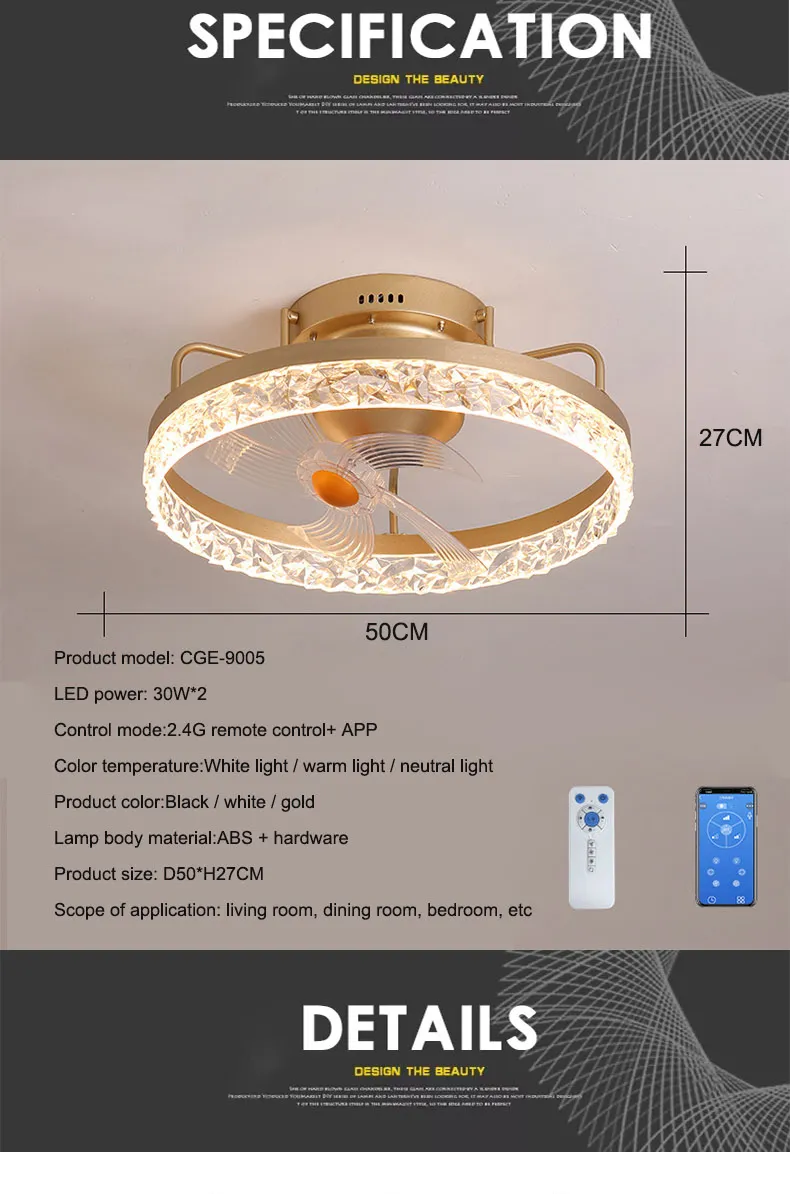 Modern Black/White Crystal Flush Mount LED Ceiling Fan Light for Living Room
