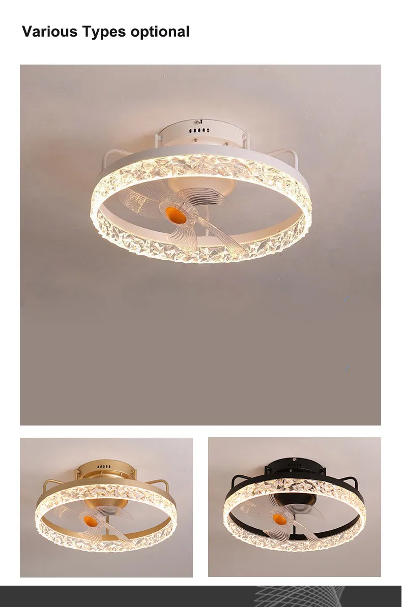 Modern Black/White Crystal Flush Mount LED Ceiling Fan Light for Living Room