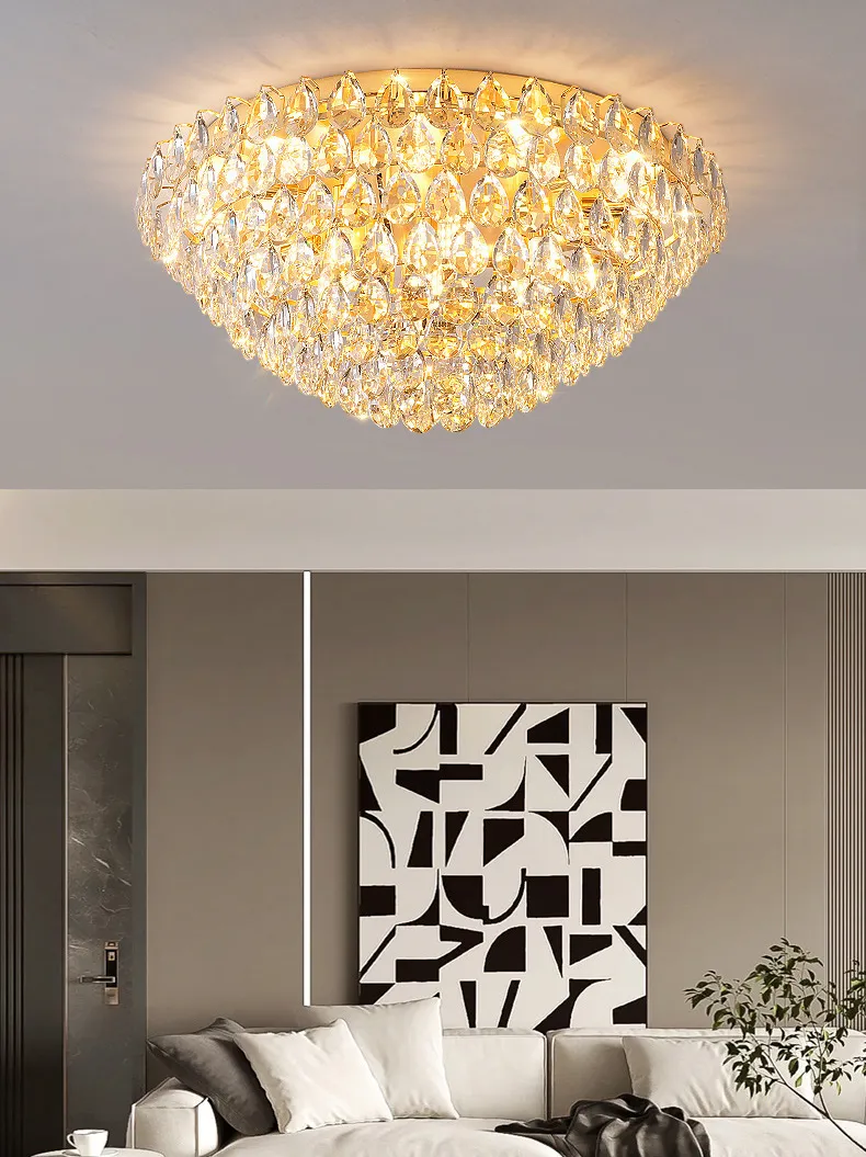 Golden Luxury LED Ceiling Lamps Multi-Story Living Room Hotel Crystal Modern Creative Round Shape with Metal Base