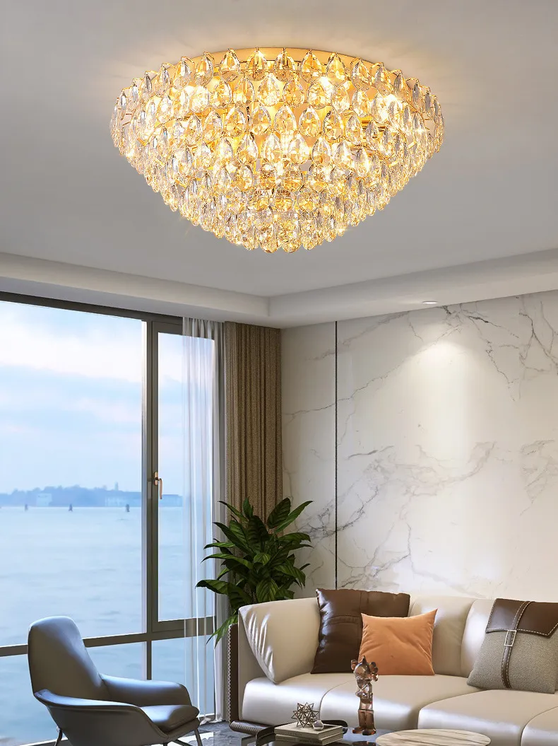 Golden Luxury LED Ceiling Lamps Multi-Story Living Room Hotel Crystal Modern Creative Round Shape with Metal Base