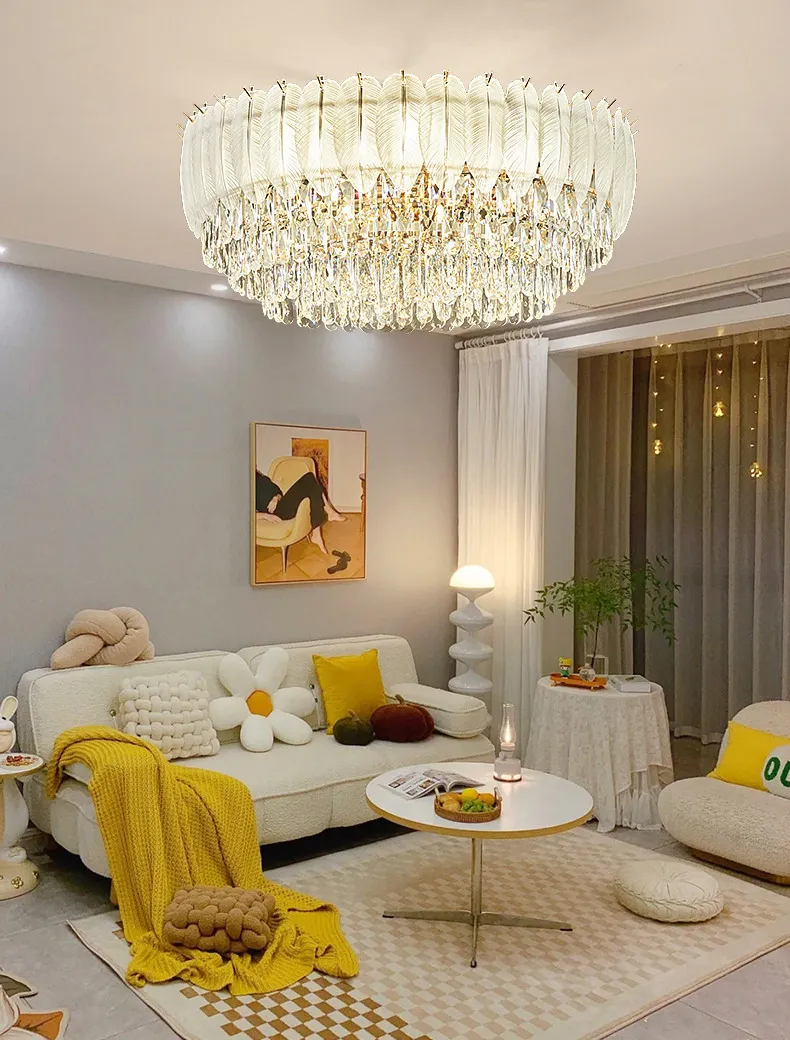 New White Luxury Interior Feather Crystal Ceiling Light Decoration Wedding Party Living Dining Room Crystal Chandelier